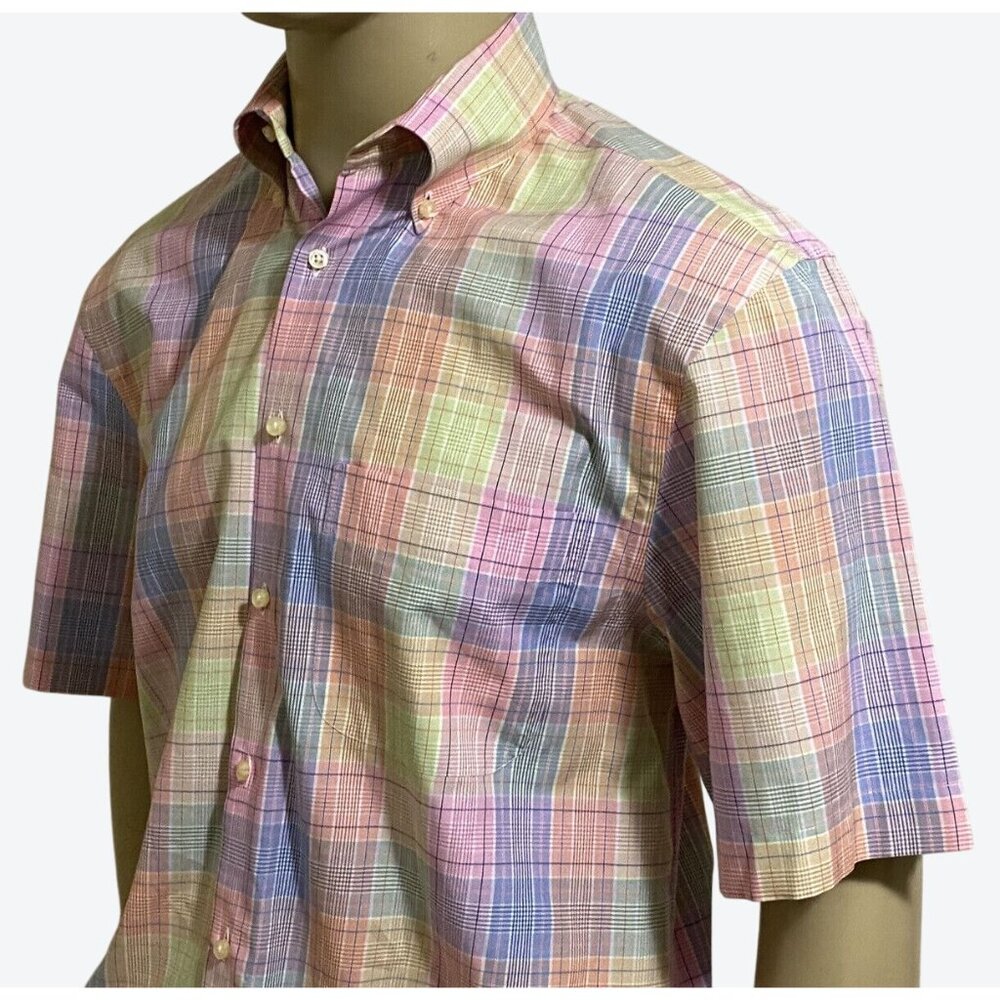 Peter Millar Men's Medium Short Sleeve Button Front Plaid Shirt Pink Yellow Blue - Picture 7 of 11